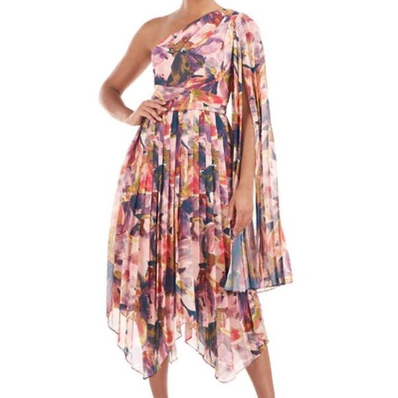 Kay Unger Lilah Rosette Multi Floral One-Shoulder Chiffon Gown